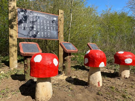 Uncle Henry's Farm Fairy Trail School with Mushrooms and Blackboard