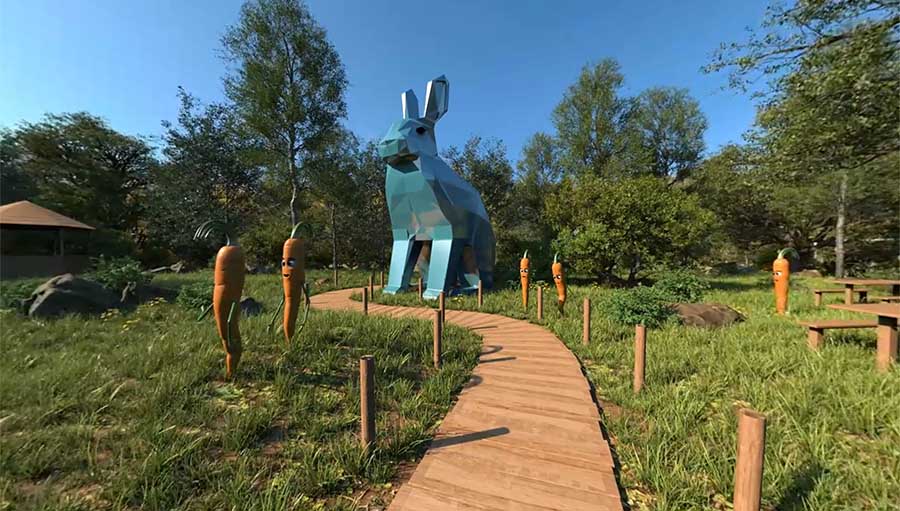 blue rabbit statue on trail design