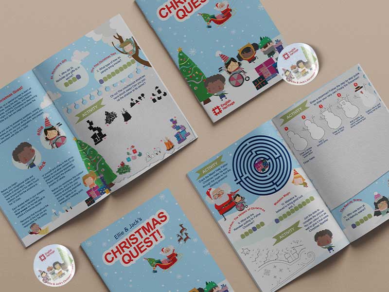 Flat-lay display of Brilliant Trails’ Christmas Quest workbook showing festive activities, mazes and illustrations created for English Heritage seasonal trails.