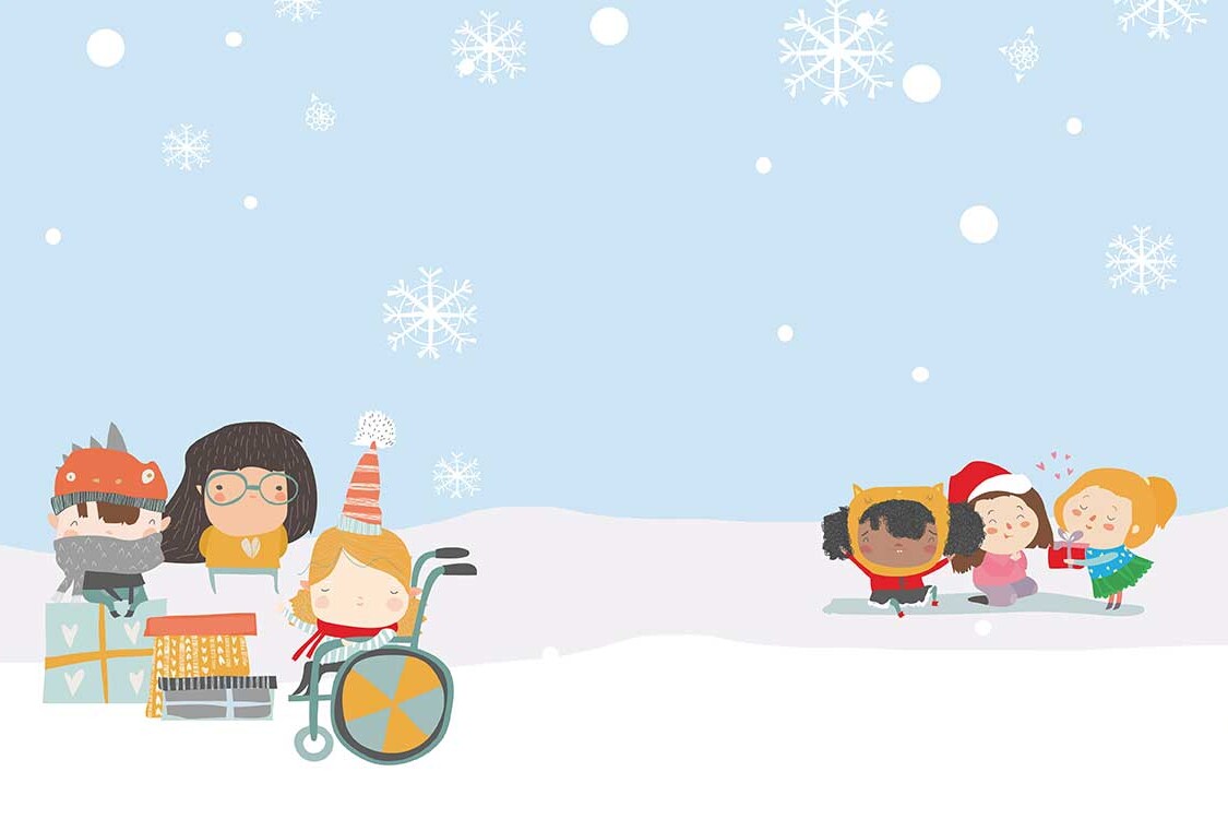 Illustrated winter scene featuring children in festive outfits gathered around a decorated Christmas tree, used as artwork for English Heritage’s Christmas trail.