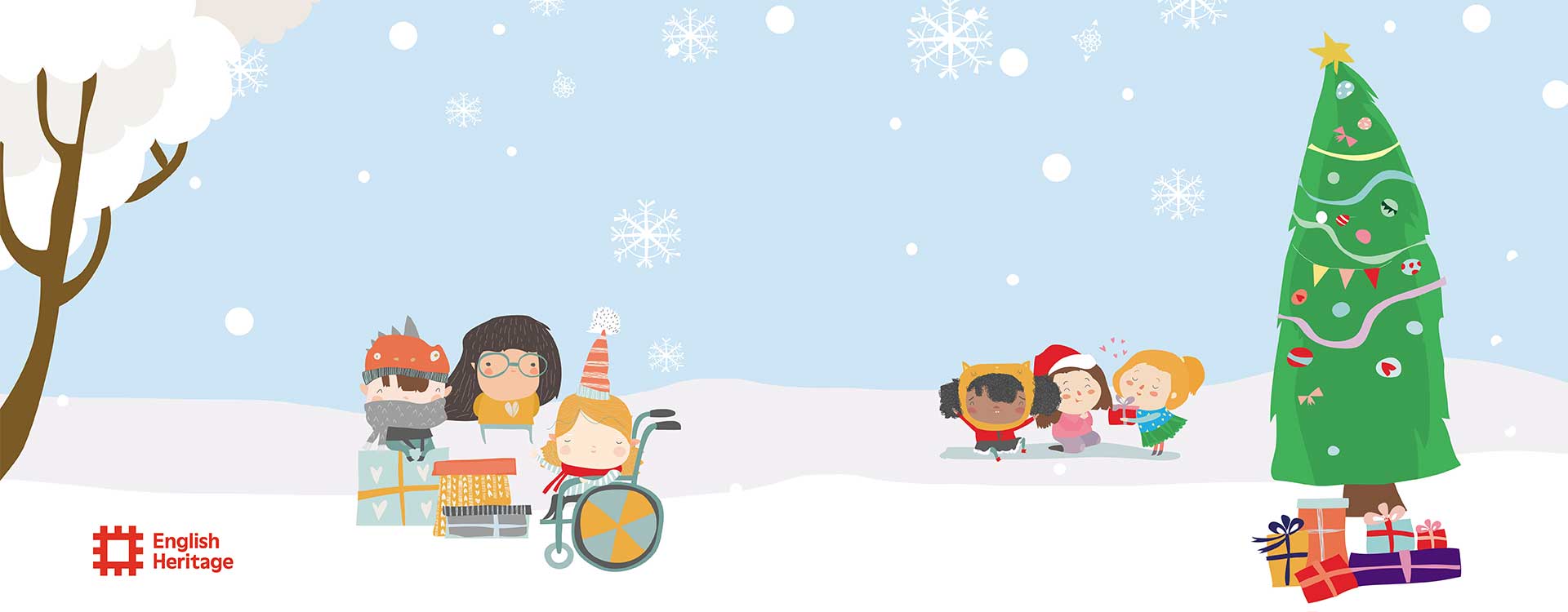 Illustrated winter scene featuring children in festive outfits gathered around a decorated Christmas tree, used as artwork for English Heritage’s Christmas trail.