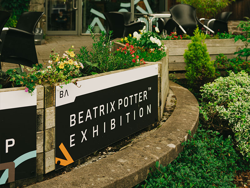Beatrix Potter Exhibition signage at Birnam Arts.