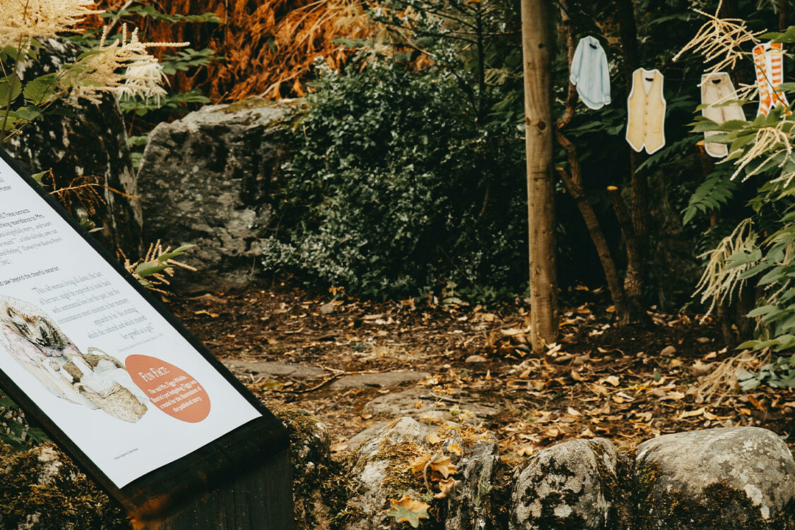 Beatrix Potter Garden Trail at Birnam Arts, featuring an interpretation panel and Mrs. Tiggy-Winkle’s missing washing hidden among the garden