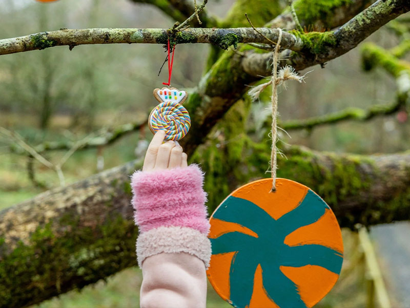 Illuminated woodland decorations creating a magical winter seasonal trail at Loch Lomond Faerie Trail