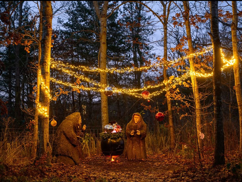 Woodland Christmas trail with illuminated decorations, characters and a cauldron