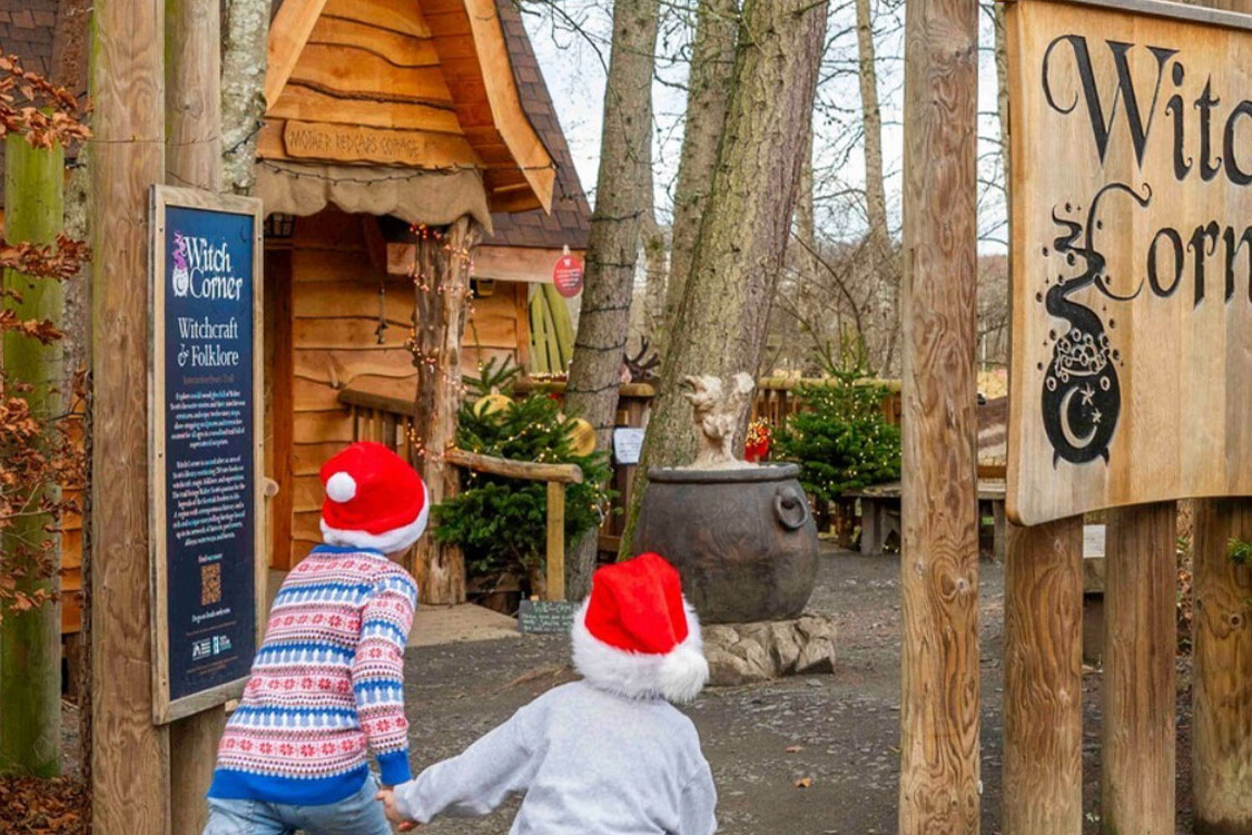 Children exploring a festive seasonal trail at Witch Corner in a woodland setting